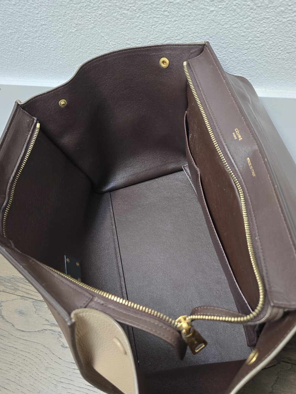 Celene Tricolor Medium Trapeze Luggage Satchel in Cognac Brown Tan - Picture 6 of 14